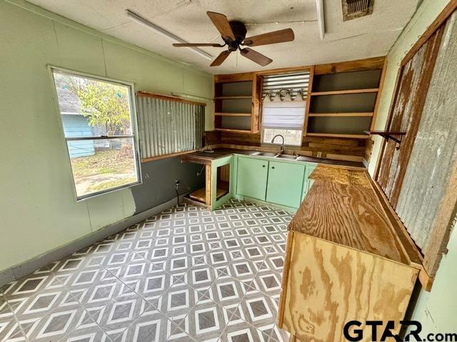 kitchen with ceiling fan, sink, and green cabinetry