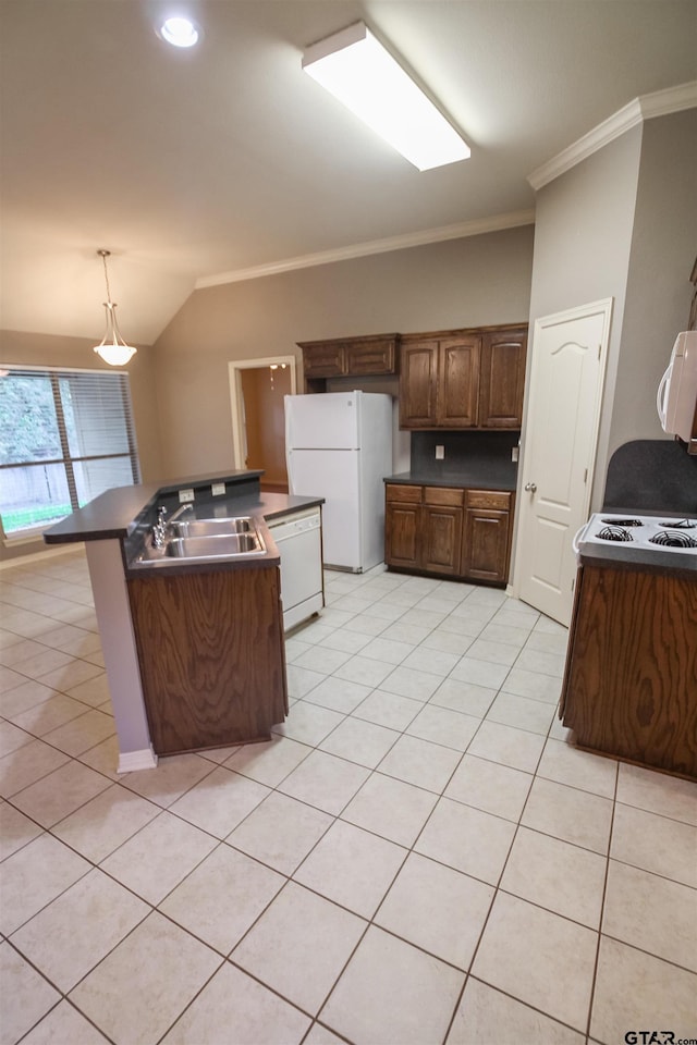 kitchen featuring white appliances, light tile patterned flooring, lofted ceiling, ornamental molding, and sink