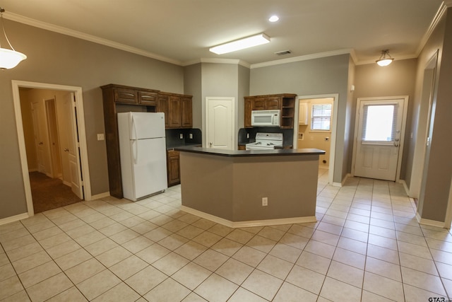 kitchen with white appliances and ornamental molding