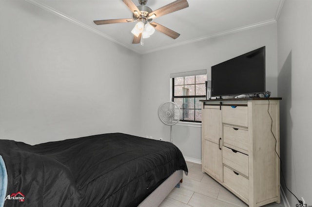 bedroom featuring ceiling fan and crown molding