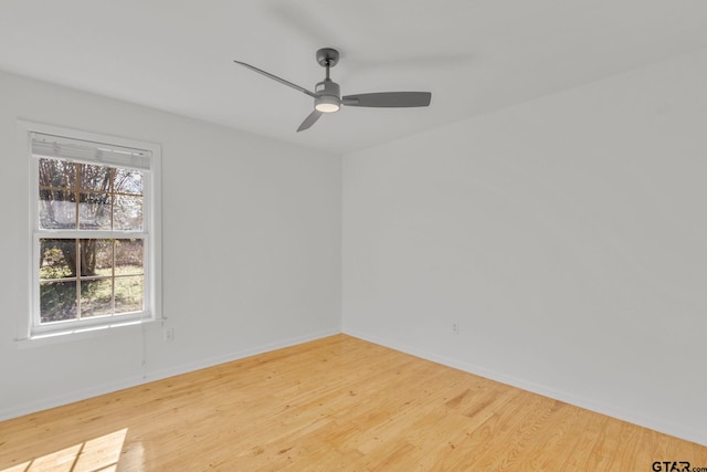 unfurnished room with ceiling fan and light wood-type flooring