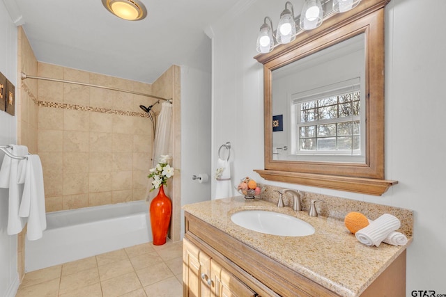 bathroom with vanity, tile patterned flooring, ornamental molding, and shower / bathtub combination with curtain