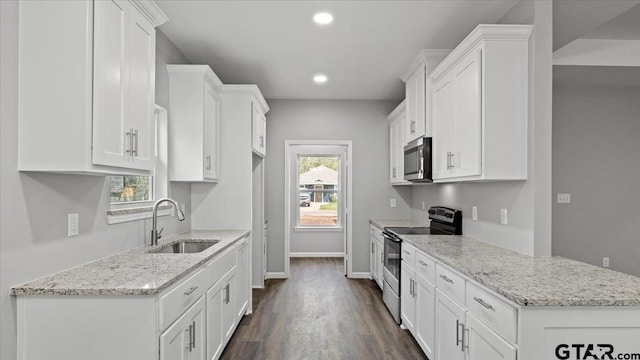 kitchen with dark wood finished floors, light stone counters, stainless steel appliances, white cabinetry, and a sink