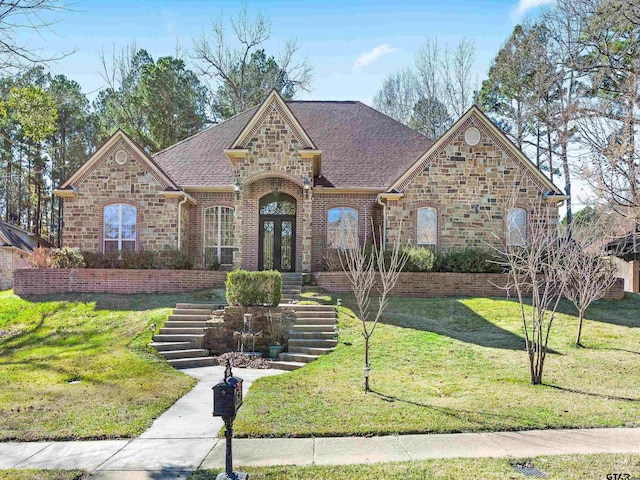 view of front of house featuring a front lawn and french doors