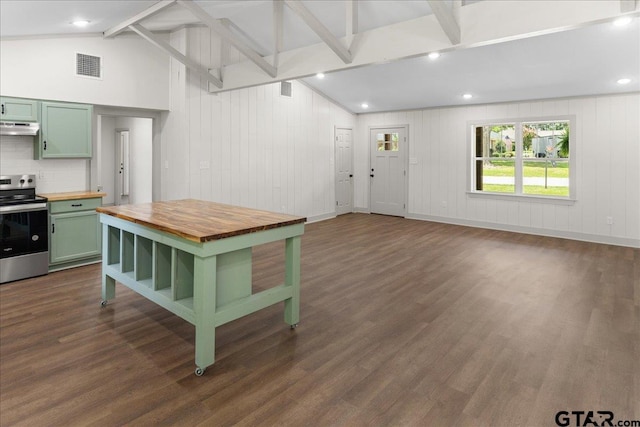 kitchen featuring dark wood-type flooring, green cabinets, electric range, and wood counters