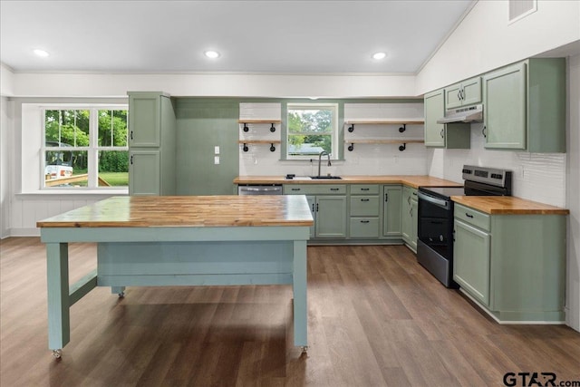 kitchen with green cabinets, wooden counters, and stainless steel range with electric stovetop