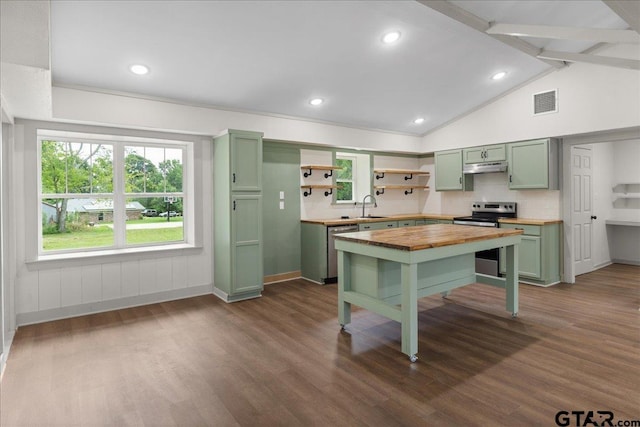 kitchen with appliances with stainless steel finishes, sink, wooden counters, and green cabinetry