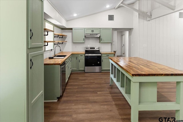 kitchen with stainless steel appliances, sink, butcher block counters, and green cabinets