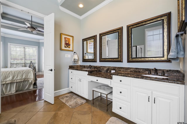 2213 Woodlands Dr, Tyler, TX 75703 - bathroom featuring ornamental molding, ensuite bath, recessed lighting, and a sink
