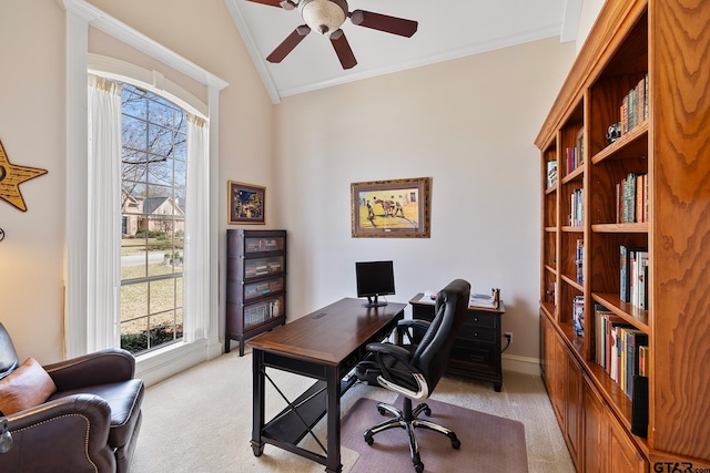 2213 Woodlands Dr, Tyler, TX 75703 - office featuring light colored carpet, crown molding, and lofted ceiling