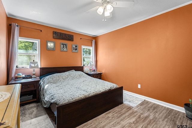 bedroom featuring ceiling fan, multiple windows, light hardwood / wood-style flooring, and crown molding