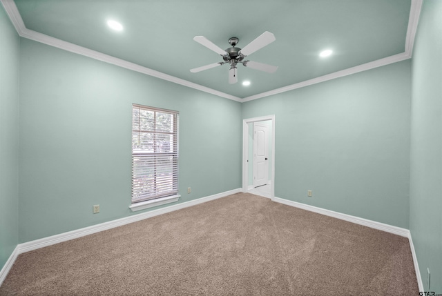 empty room featuring carpet flooring, ornamental molding, and ceiling fan