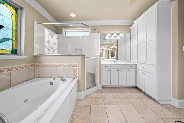 bathroom with vanity, plus walk in shower, tile patterned flooring, and ornamental molding