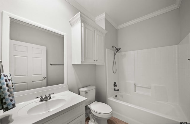 full bathroom with vanity, toilet, ornamental molding, and shower / tub combination