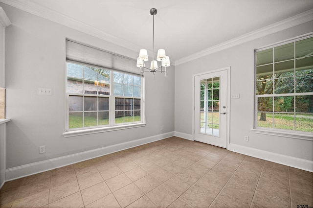 unfurnished dining area featuring an inviting chandelier, ornamental molding, and light tile patterned flooring