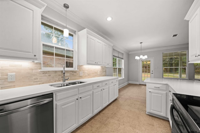 kitchen featuring dishwasher, sink, hanging light fixtures, a notable chandelier, and white cabinetry