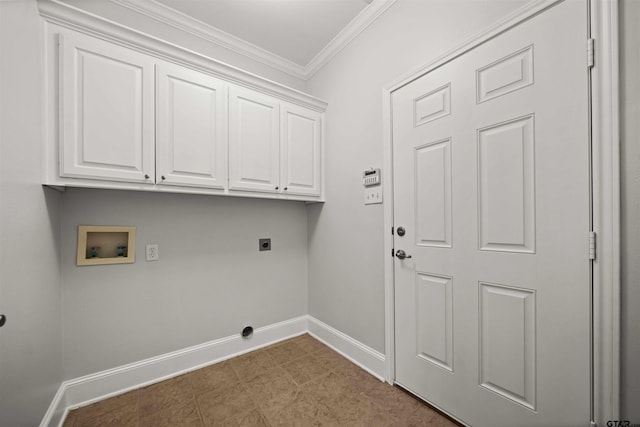 clothes washing area with hookup for an electric dryer, cabinets, ornamental molding, and hookup for a washing machine