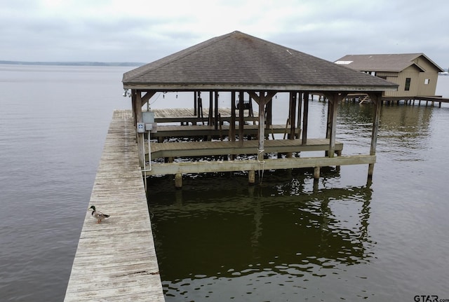 dock area featuring a water view and boat lift