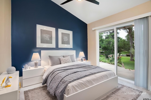 carpeted bedroom featuring lofted ceiling, a ceiling fan, and access to outside