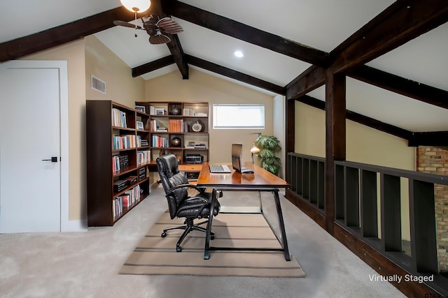 office area featuring lofted ceiling with beams, visible vents, and ceiling fan