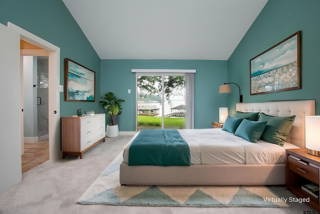 carpeted bedroom featuring lofted ceiling, access to outside, and baseboards