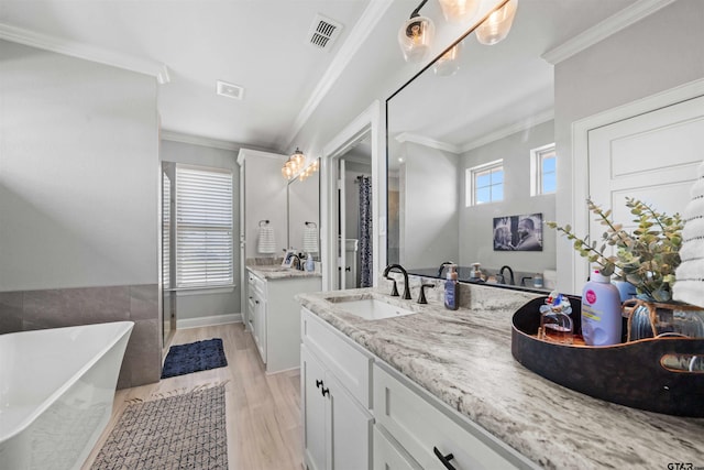 bathroom with ornamental molding, a bathing tub, vanity, and hardwood / wood-style flooring