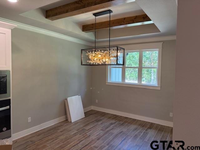 14533 Woodland Creek Dr, Tyler, TX 75706 - unfurnished dining area with dark wood-style floors, a tray ceiling, a chandelier, beam ceiling, and crown molding