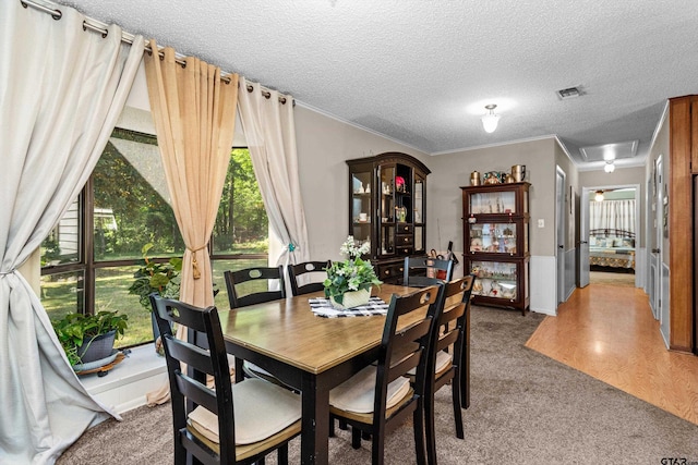 552 W State Highway 7, Crockett, TX 75835 - dining area with carpet flooring, a textured ceiling, and ornamental molding