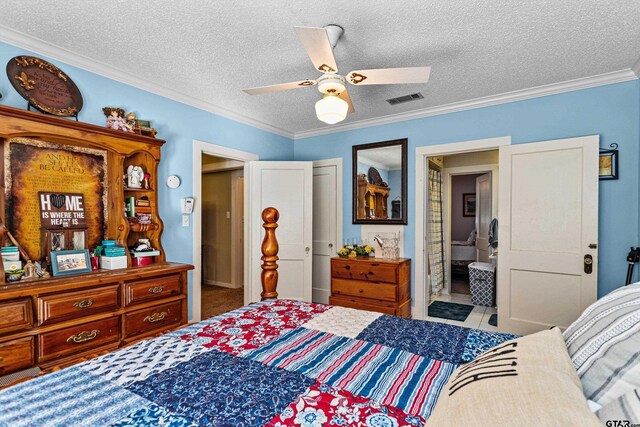 552 W State Highway 7, Crockett, TX 75835 - bedroom with crown molding, a textured ceiling, ensuite bath, and ceiling fan