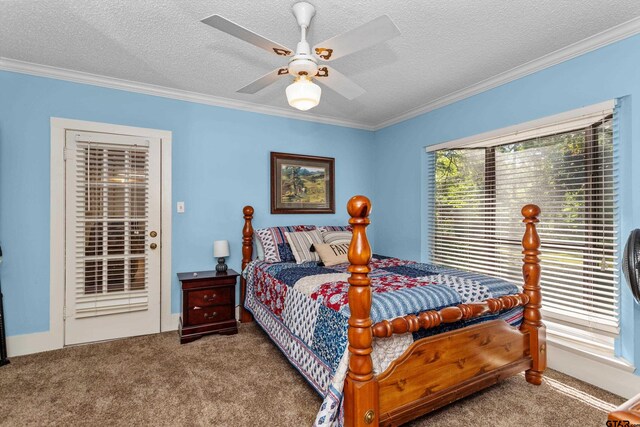 552 W State Highway 7, Crockett, TX 75835 - carpeted bedroom with crown molding, a textured ceiling, and ceiling fan