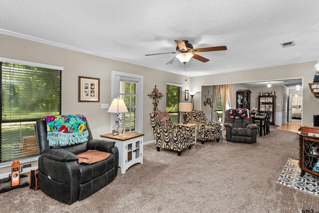 552 W State Highway 7, Crockett, TX 75835 - living room featuring a ceiling fan, ornamental molding, a textured ceiling, and carpet flooring