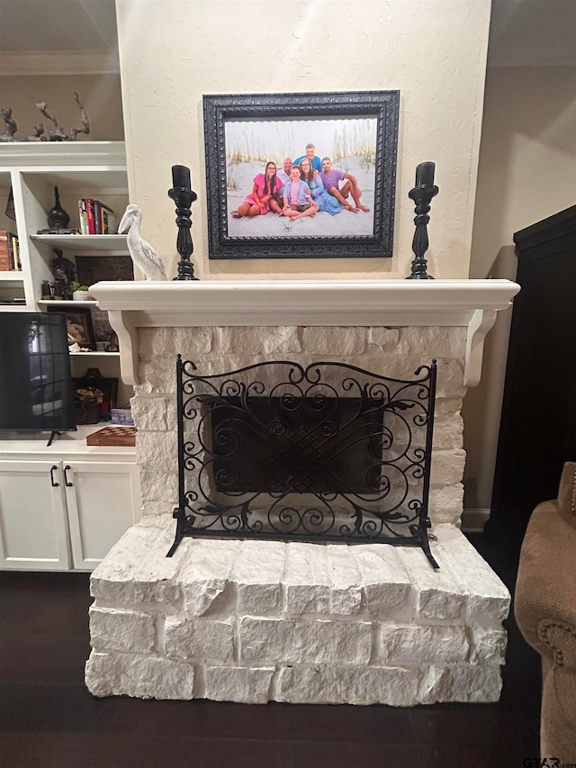 details featuring ornamental molding, hardwood / wood-style floors, and a fireplace