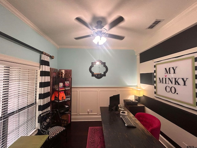 office space featuring a textured ceiling, ceiling fan, and crown molding