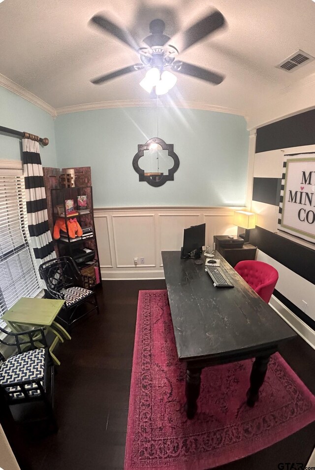 office space with ceiling fan, crown molding, and dark hardwood / wood-style flooring