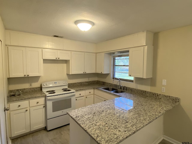 kitchen with white range with electric stovetop, kitchen peninsula, sink, and white cabinets