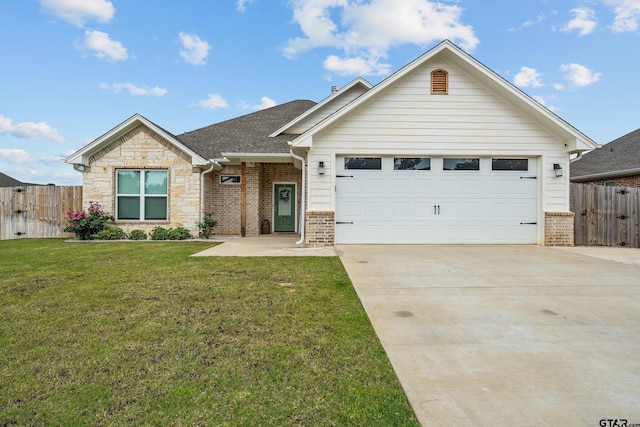 ranch-style house featuring a garage, concrete driveway, fence, and a front lawn