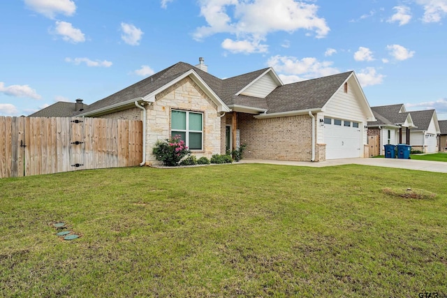 ranch-style house featuring brick siding, an attached garage, fence, driveway, and a front lawn