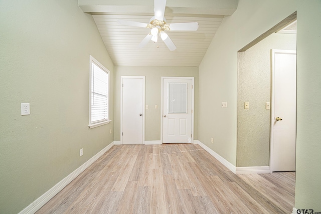 empty room with ceiling fan, vaulted ceiling with beams, light wood-type flooring, and wooden ceiling