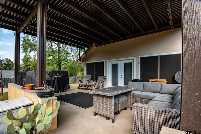 view of patio with french doors and an outdoor hangout area