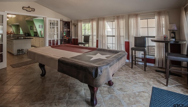 recreation room featuring lofted ceiling and pool table