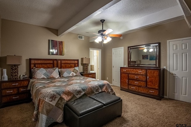 carpeted bedroom featuring beam ceiling, a textured ceiling, and ceiling fan