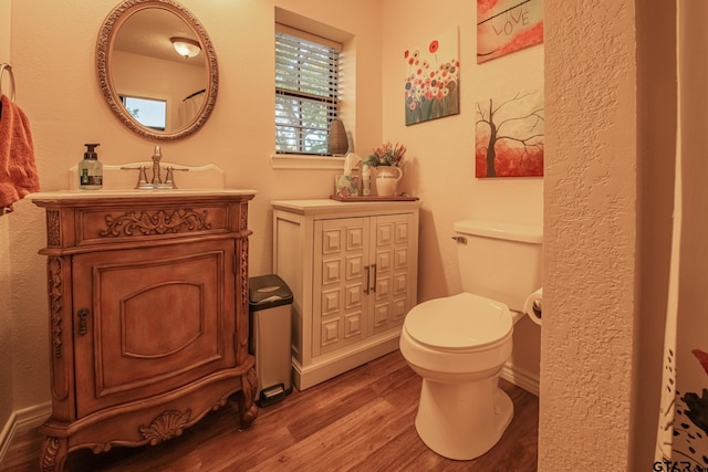 bathroom with hardwood / wood-style flooring, vanity, and toilet