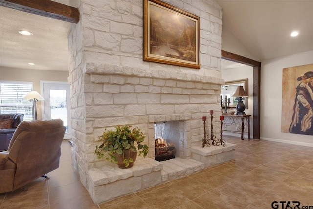 living room featuring light tile patterned floors and lofted ceiling