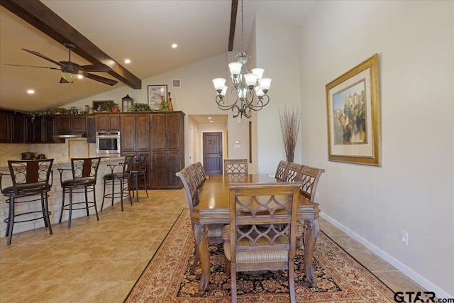 dining room with vaulted ceiling with beams and ceiling fan with notable chandelier