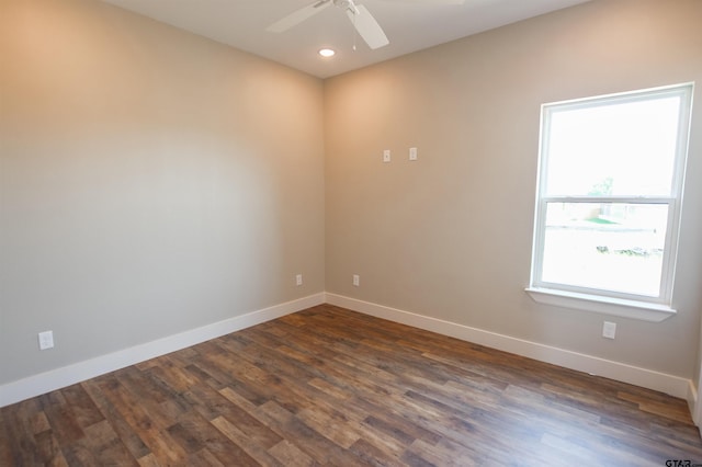 unfurnished room featuring baseboards, recessed lighting, ceiling fan, and dark wood-style floors