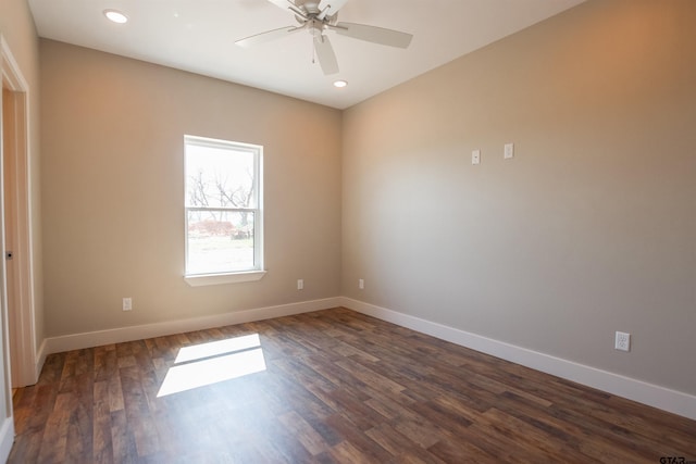 empty room featuring baseboards, a ceiling fan, recessed lighting, and dark wood-style floors