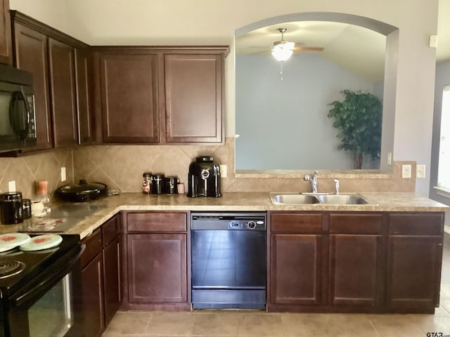 kitchen with black appliances, sink, backsplash, ceiling fan, and kitchen peninsula