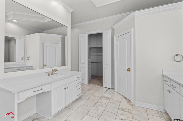 6309 Gleneagles, Tyler, TX 75703 - bathroom with baseboards, marble finish floor, crown molding, and vanity