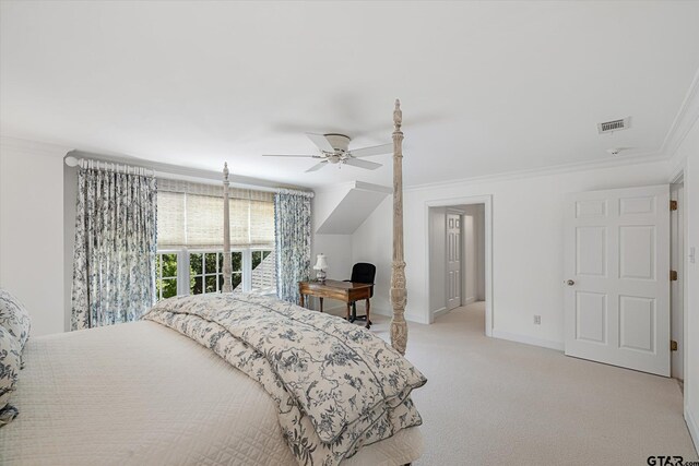 1920 Stonegate Blvd, Tyler, TX 75703 - carpeted bedroom featuring baseboards, ornamental molding, visible vents, and ceiling fan