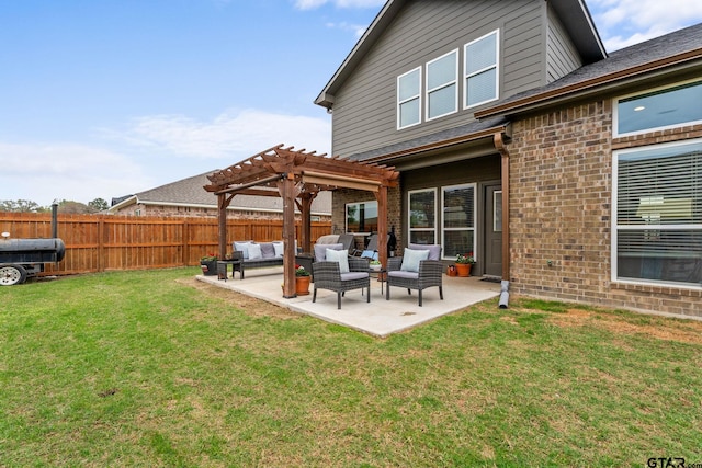 15365 Spring Oaks Dr, Lindale, TX 75771 - rear view of house featuring an outdoor living space, a pergola, brick siding, a fenced backyard, and a patio